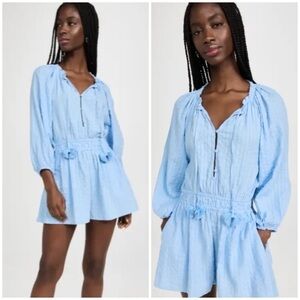 Tanya Taylor Vanna Ballon Sleeve Romper in Horizon Blue